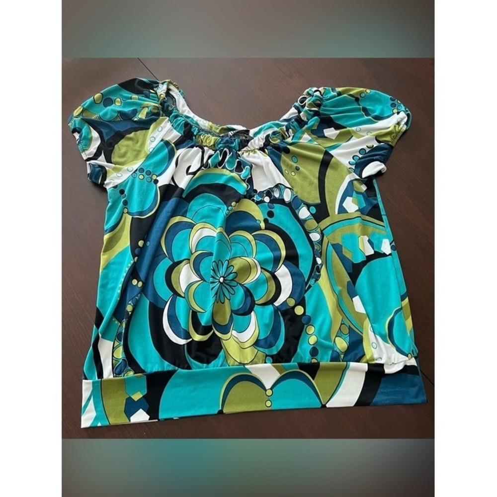 AB Studio Womens XL Teal Green Floral Geometric Banded Hem Blouse Retro Top